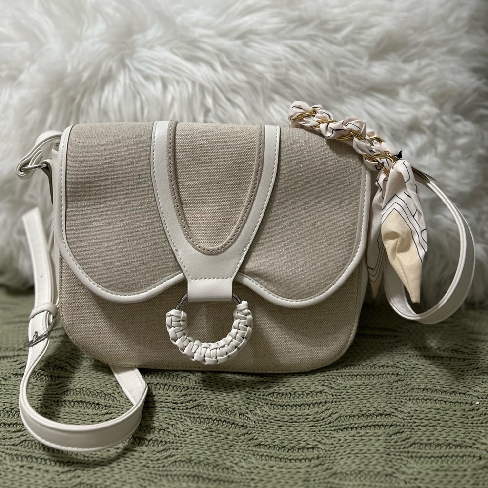 NEW Cato Beige Small Canvas Crossbody with White Trim and Scarf Accent